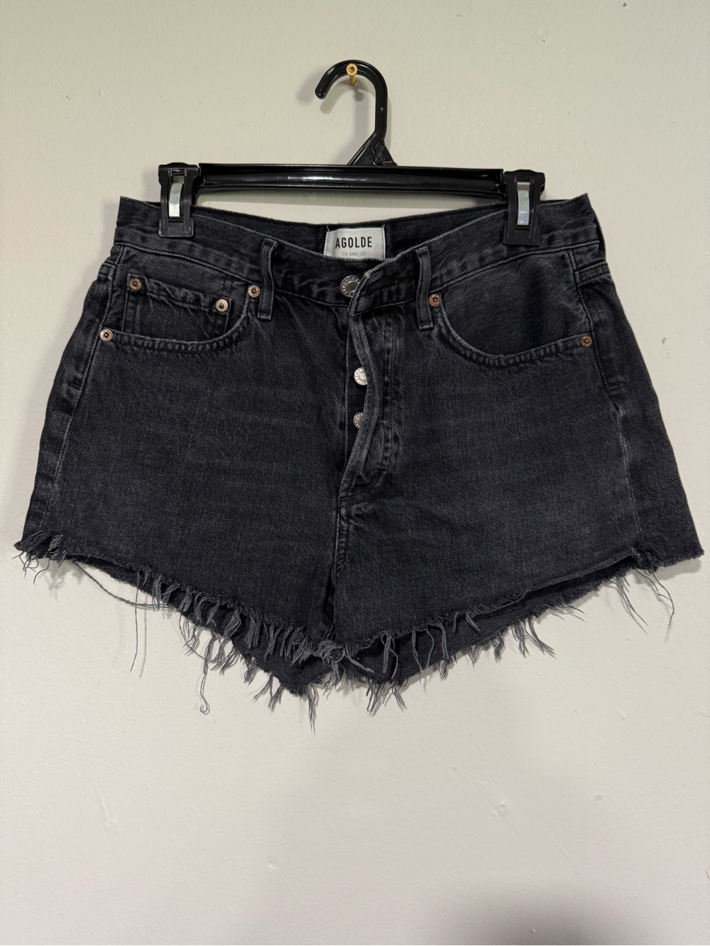 Agolde Black Frayed V-Hem Denim Shorts
